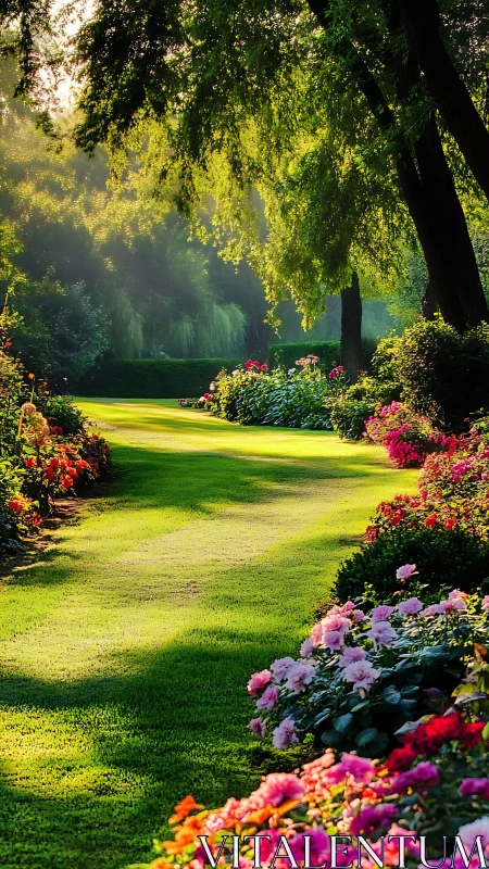 Sunlit garden path with trees and dense flower borders.