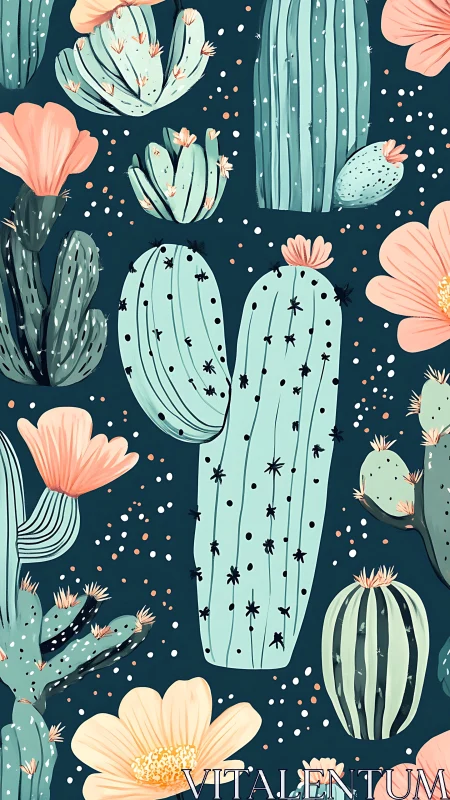 Desert Cacti Pattern with Blooming Flowers