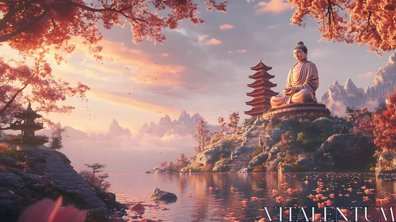 Serene lakeside Buddha under soft pink autumn skies.