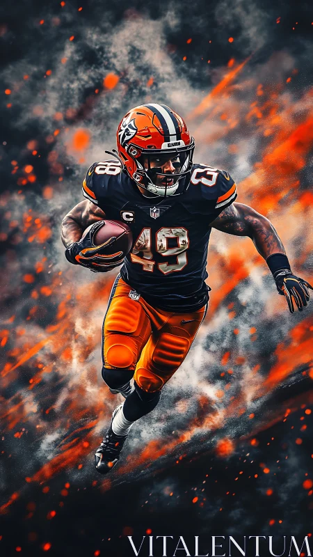 Explosive football runner in dynamic orange-black blaze.