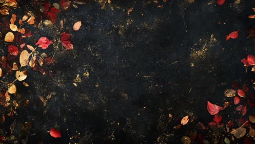 Dark autumn background with scattered red and gold leaves.