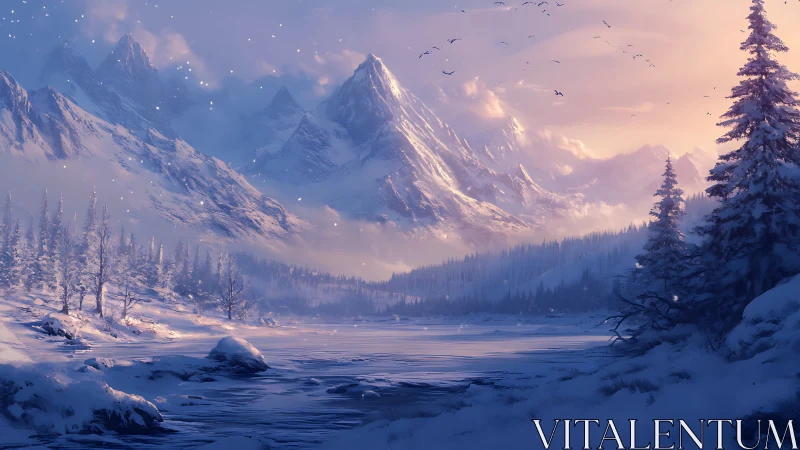 Glacial alpine river under dusk-illuminated winter mountains.