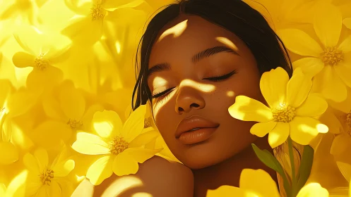 Woman resting in golden flowers under dappled sunlight.