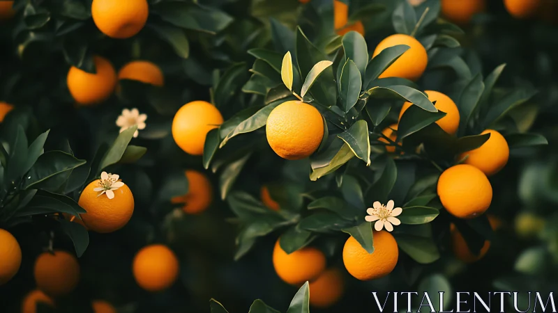 Sunlit orange tree heavy with fruit and gentle blossoms.