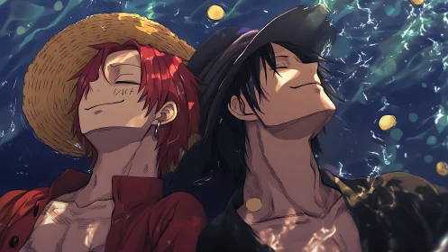 Relaxed anime sailors drifting under sunlit waves.