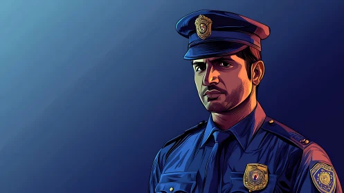 Stoic police officer stands against dramatic blue gradient