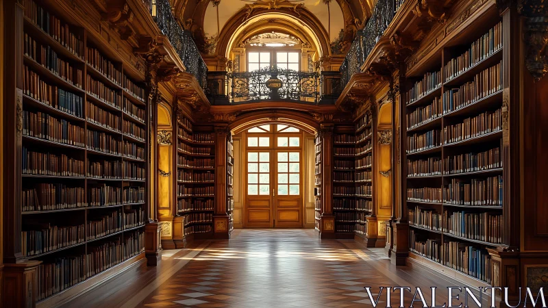 Sunlit grand library corridor where wooden shelves whisper tales.