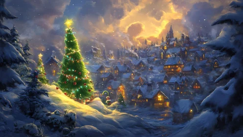 Snowy Christmas village under glowing festive tree night.