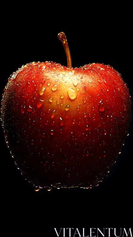 Photorealistic red apple with macro water droplets on black.