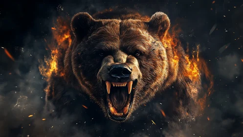 Roaring bear emerges through fire and smoke with fierce energy