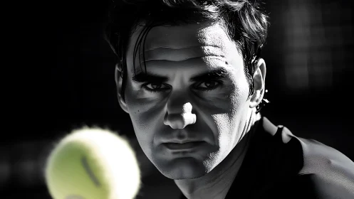 Focused tennis player watching a ball in dramatic light.