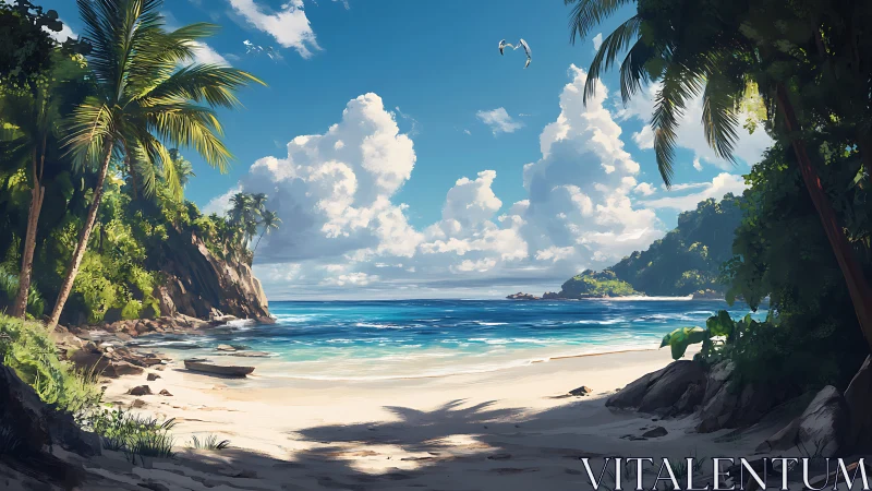 Tropical Paradise Beach Cove With Palm Trees and Turquoise Waters.