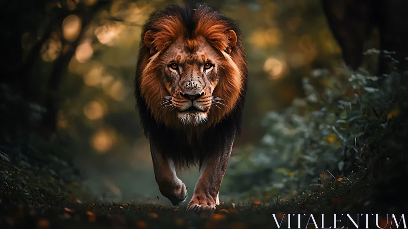 Regal male lion advances through forest corridor in soft bokeh light