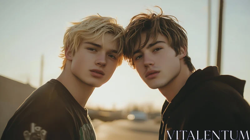 Two young men in soft sunset street portrait.