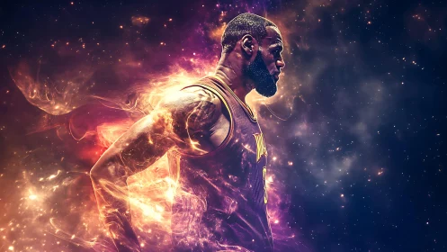 Cosmic-lit basketball silhouette merges with nebular energy field