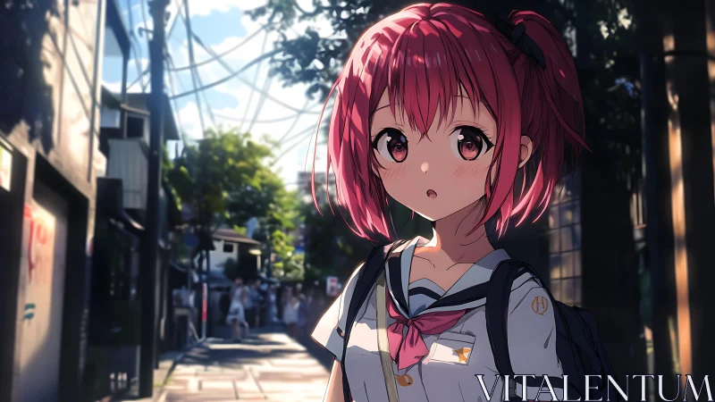 Anime schoolgirl rendered with cinematic lighting in urban alley
