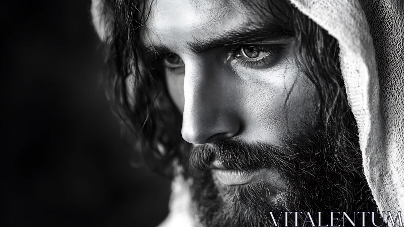 Monochrome male portrait with intense contemplative gaze.