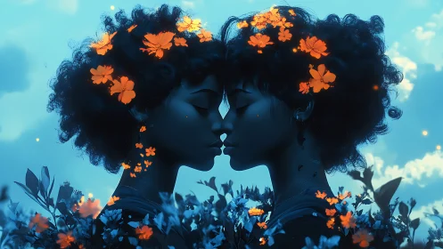 Two Silhouettes Kiss Beneath Blooming Orange Flowers