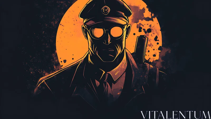 Solitary armed figure in uniform before blazing circle.