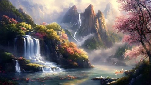 Enchanted mountain lagoon with cascading silver waterfalls