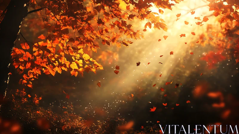 Backlit autumn canopy with volumetric light shafts and drifting leaves