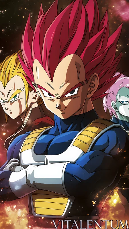 Red haired anime warrior stands in space with team behind