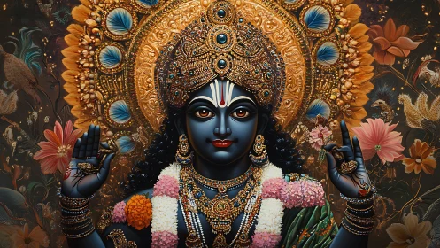 Ornate blue-skinned deity figure with floral halo and garlands.