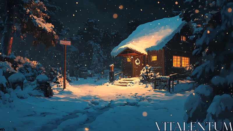 Snowbound cottage glows against nocturnal forest in digital tableau