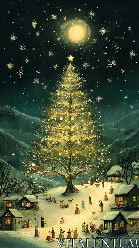 Snowy village gathers under towering illuminated Christmas tree