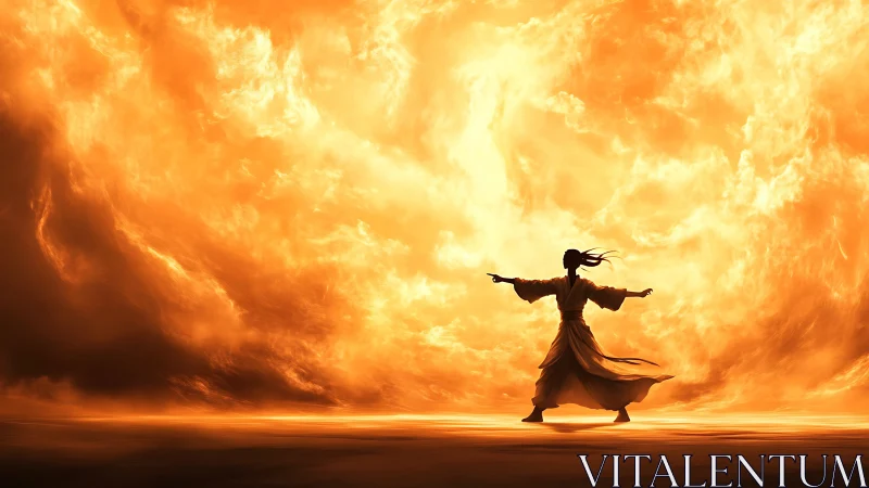 Martial artist silhouette facing vast swirling firestorm.