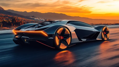 Futuristic concept supercar on highway at sunset landscape.