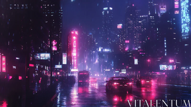 Cyberpunk neon city street under heavy night rain.