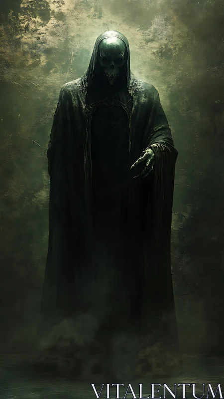 Shadowed reaper steps from the mist with quiet power.