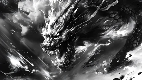 Stormborn dragon roaring through swirling monochrome skies.