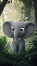 Baby cartoon elephant smiles under soft jungle light