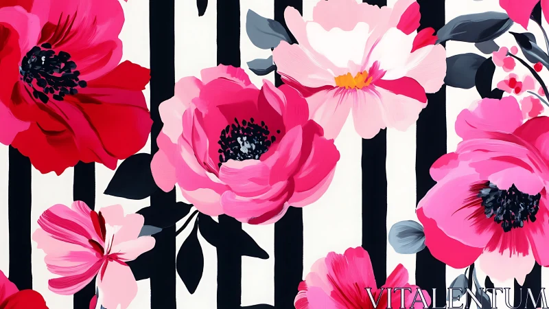 Botanical Digital Illustration With Layered Pink Peonies Against Graphic Black Striped Composition