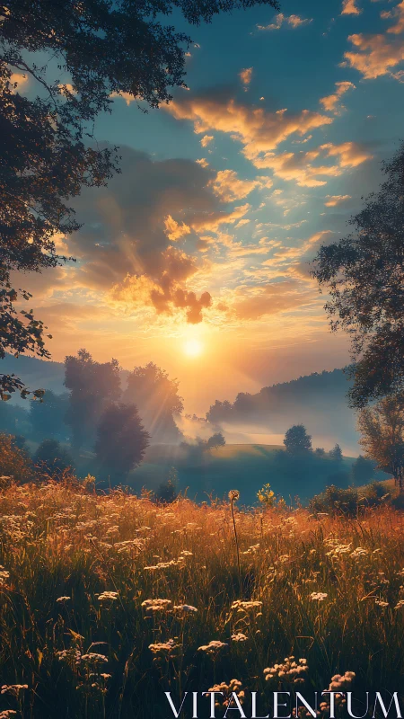 Backlit wildflower meadow captures atmospheric sunrise gradient