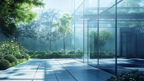 Minimalist Glass Pavilion with Dappled Light Through Deciduous Canopy.