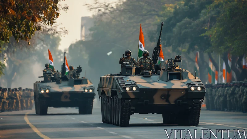 Armored columns roll beneath tricolor banners of resolve.
