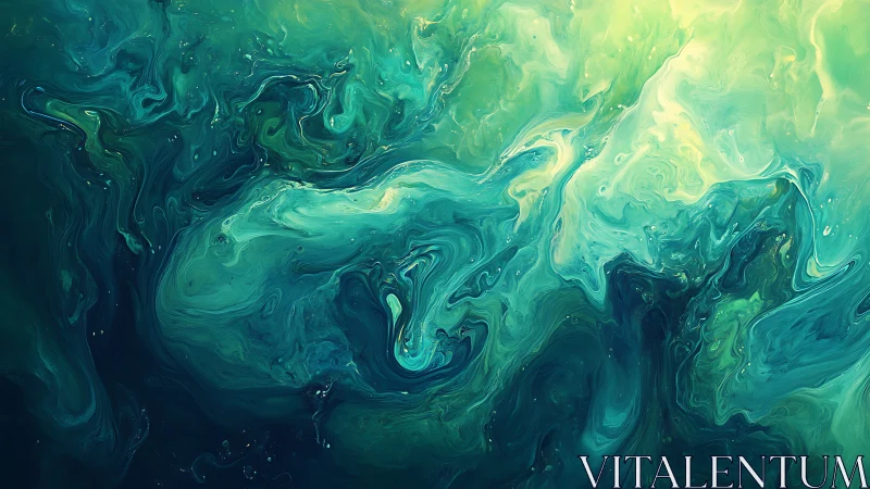 Digital painting of teal fluid vortices with luminous gradients.