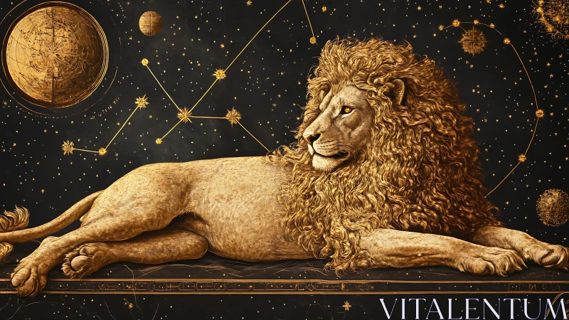 Regal celestial lion rests beneath golden star map.