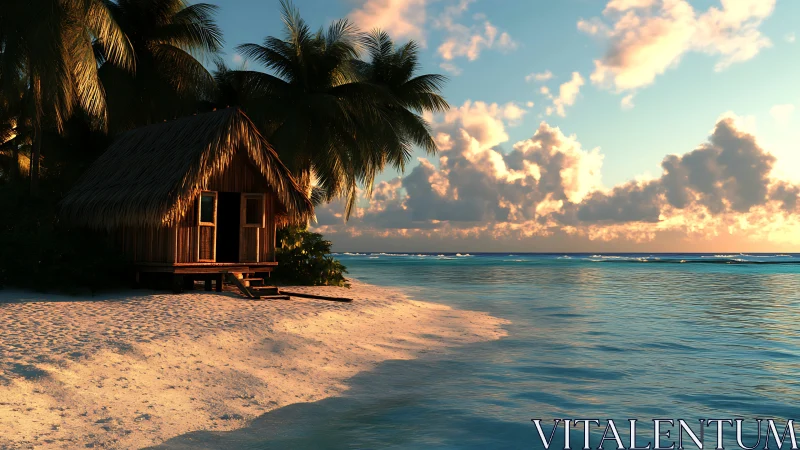 Solitary Thatched Beach Pavilion at Sunset with Tropical Palms.
