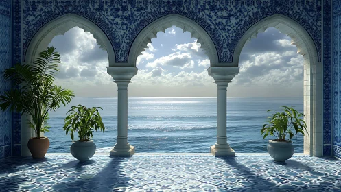 Ocean veranda through ornate arches at tranquil sunrise.