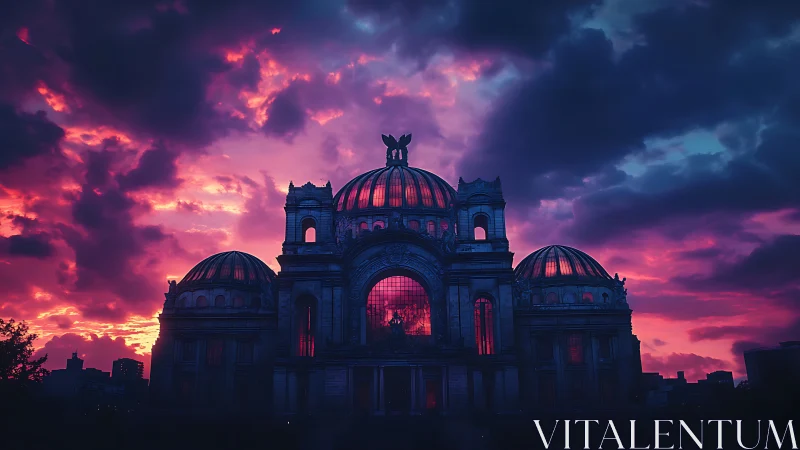 Historic domed palace under vivid magenta storm sky.