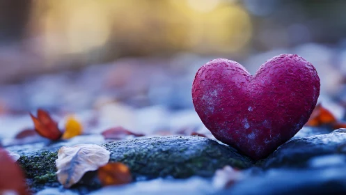 Crystalline Frost-Coated Heart-Form on Moss-Textured Stone Surface