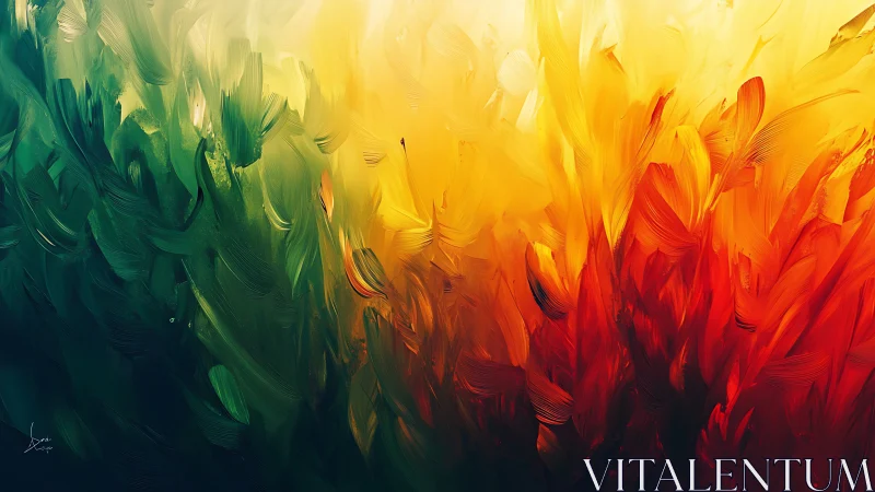 Colorful brushstrokes rise like glowing flames and cool waves