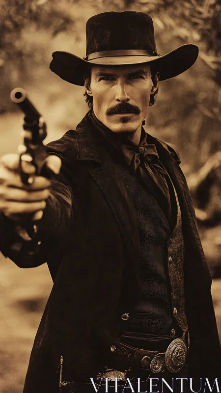 Cowboy gunslinger aims revolver directly toward camera