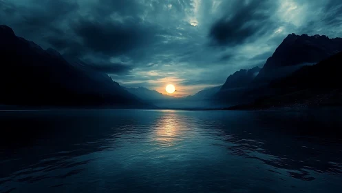 Nocturnal mountain lake horizon with reflective blue sunset.