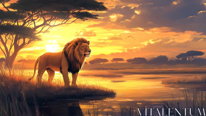 Sunlit savanna monarch pausing by a molten-gold riverbank.