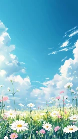 Sunlit wildflower meadow under expansive cyan sky panorama.